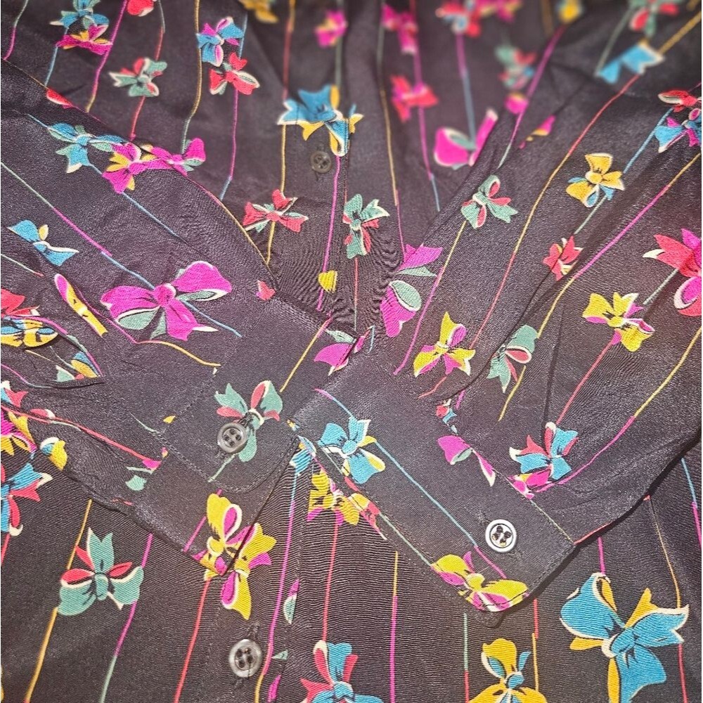 Vintage Coronel 100% Silk Black Bow Long Sleeve Button-down Blouse Size M - Picture 3 of 7